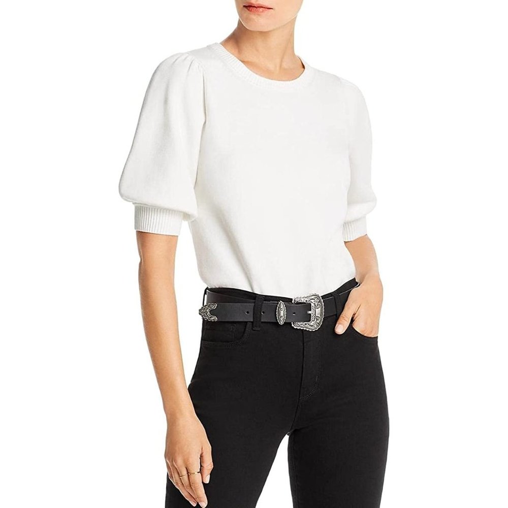 LINI Abigail Bishop Sleeve Ribbed Trim Crop Sweater White NWT Large